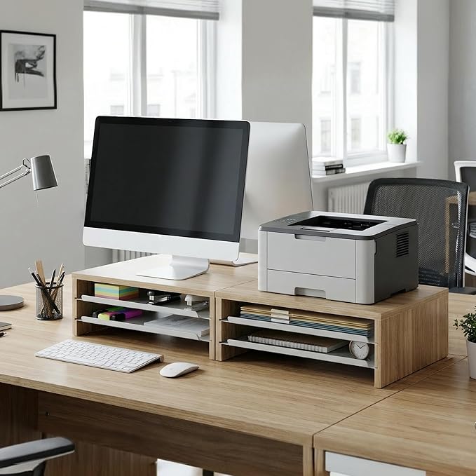Fenge Monitor Stand, 3-Tier Monitor Riser with Slide-Out Tray, Wooden and Metal Desktop Organizer for Home Office, Computer, Laptop, Printer, Telephone