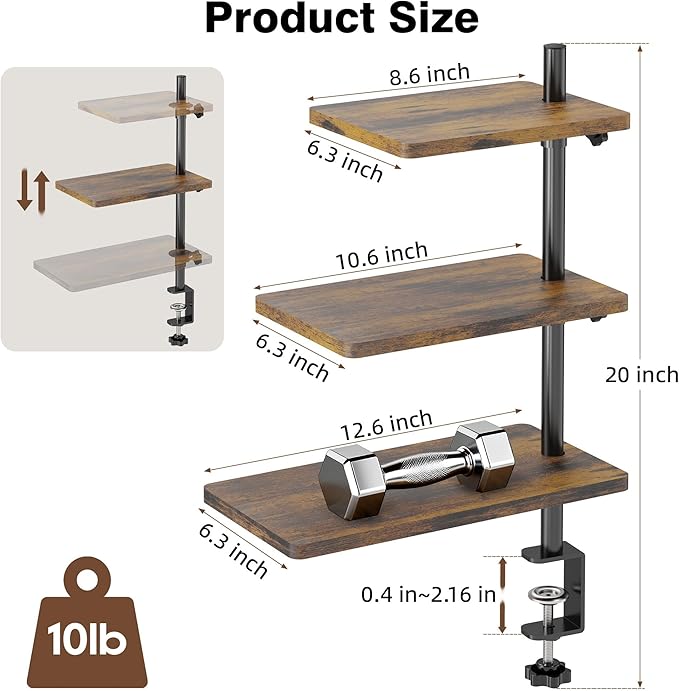 3 Tiers Clamp On Desk Shelf, 360° Angle Adjustable Desktop Shelf Organizer for Home Office Gaming Room, No Drill Desk Extender Adapt to 0.4-2.16 inches Table Thick, Black Brown