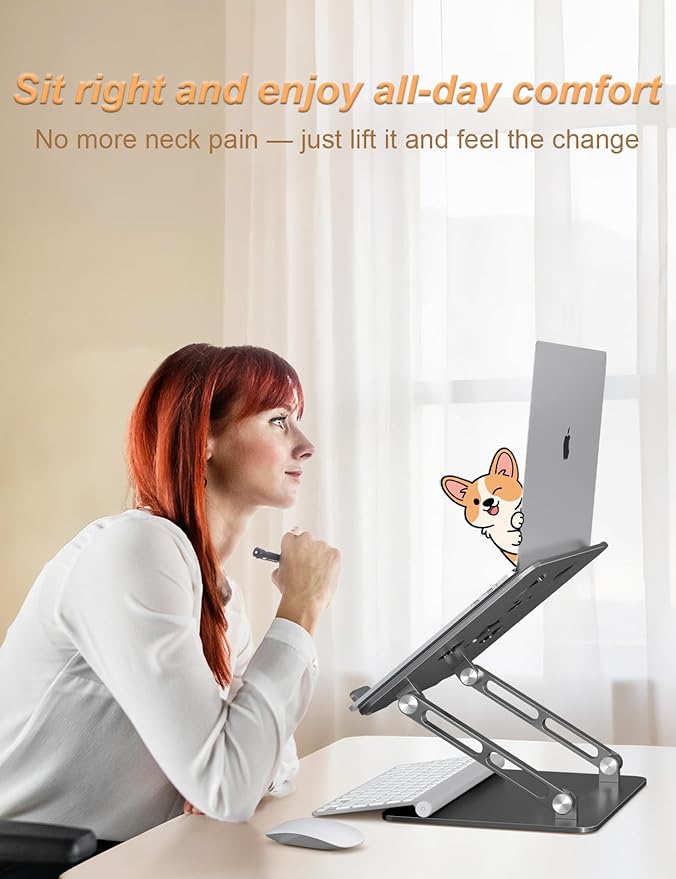 Laptop Stand for Desk-Adjustable, Foldable, Portable, Ergonomic Aluminum Notebook Riser with Unique Puppy Cooling Vent, Desk Gift for 10-17.3" Devices Mac, Dell, HP, Lenovo, Samsung, Gray