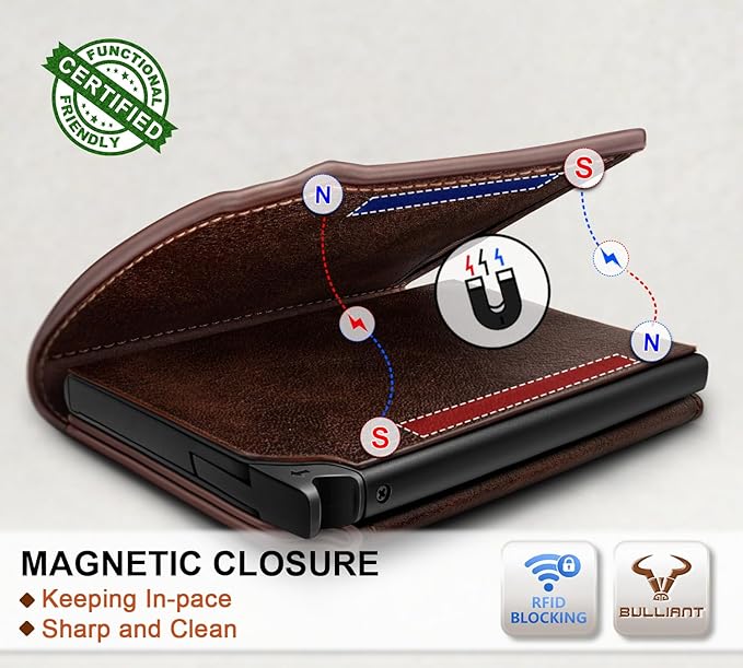 BULLIANT Men Wallet Leather Wallet Card Holders Money Clip for Men 10Cards-Magnetic Flip on Metal Case