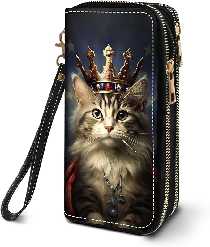 Women's Large Capacity Wallet PU Leather Double Zipper Clutch Purse Multifunctional Wallet with Removable Wristlet Strap for Smart Phone/Coin/Card/Cash, Cat Wearing Crown