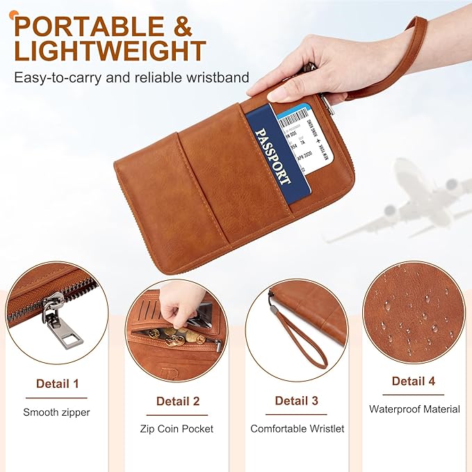 Family Passport Holder Wallet with Zipper, RFID Blocking Travel Document Organizer, PU Leather Passport Wallet for Women Men, Passport Cover Travel Wallet for Boarding Pass, ID, Money, Ticket