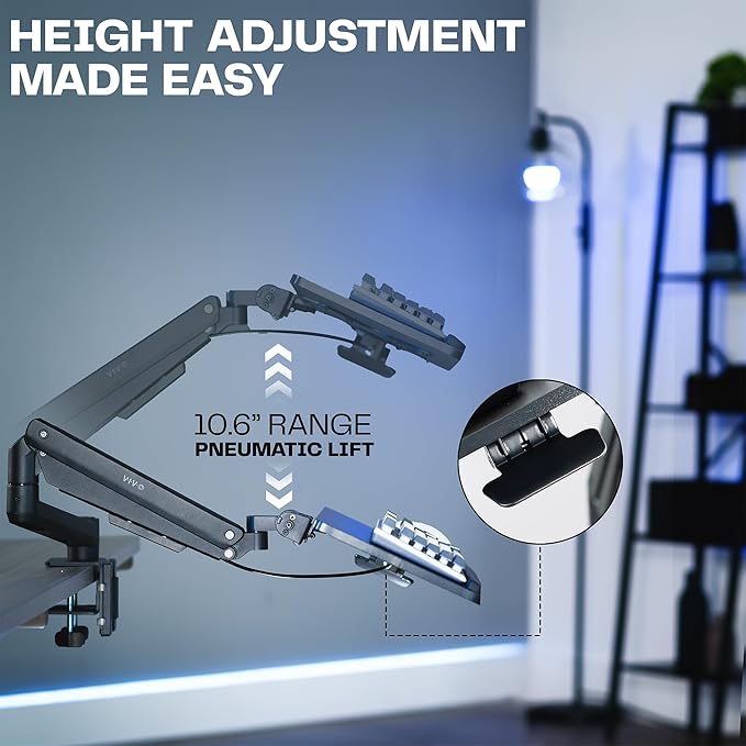 VIVO Sit-Stand 24 Inch Pneumatic Spring Keyboard and Mouse Tray Clamp-on Desk Mount, Counterbalance Height Adjustable Typing Platform, Ergonomic Tilt, Black, MOUNT-KB35CP