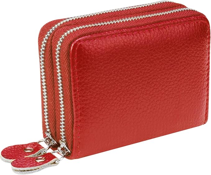 traderplus Women's RFID Blocking Leather Zipper Card Wallet Small Purse Credit Card Case Holder for Mother Day Gift (Red)