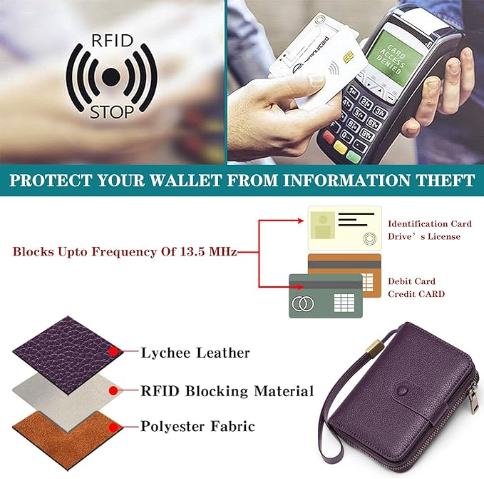 GAEKEAO Leather Credit Card Holder Wallet for Women RFID Blocking Large Capacity Bifold Zipper Card Case Organizer with Wristlet 32 Slots