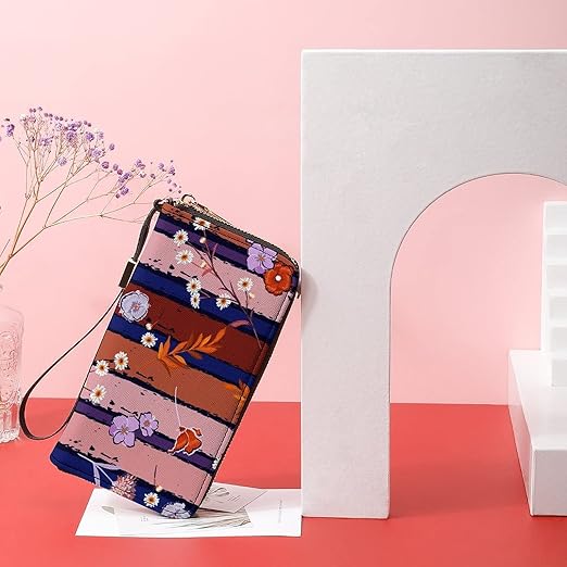 Unisex Zip Around Wallet for Adults Teens Vintage Flowers On Candy Colorful Stripe Coin Pouch Cash Pocket PU Leather Wallets Card Holder Organizer Designer Purse with Wristlet Strap