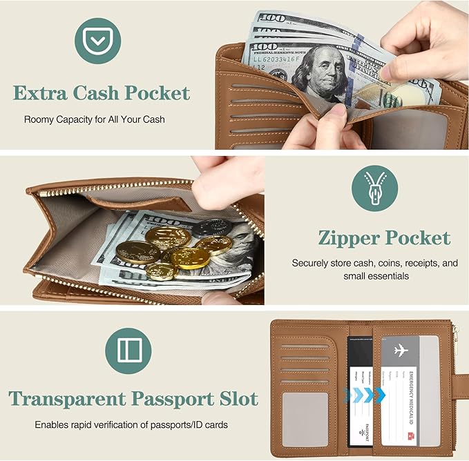 Passport Holder for Travel, Leather Passport Wallet with Airtag Slot, RFID Blocking Travel Wallet for Women Men, Passport Cover with Air Ticket Card Cash Coin Pocket, Travel Essentials Gift