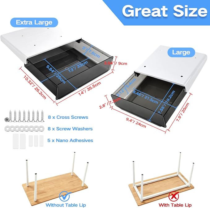 OSPNIEEK Self-adhesive Under Desk Drawer Organizer, 2 Pack Table Hidden Slide Out Large Storage Mounted Desktop Pencil Holder Tray Drawers for Office Home School Stationery Kitchen (XL+L, Black)
