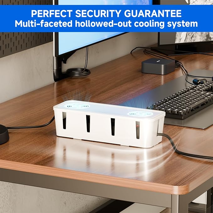 Cable Management Box, Cable Organizer Box and Power Strip Box, Power Strip Protector Box - Wire Box Hider for Desk - 10 Open Slots (White)