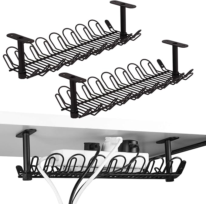2 Packs Cable Management Tray, 14 inch Under Desk Cable Holder for Wire Management, Heavy Metal Cord Organizer Ideal for Computer Home Office Standing Tables to Hide Power Strips (Black)