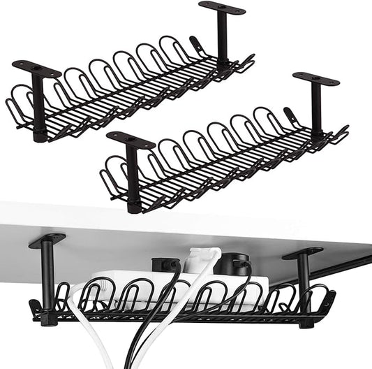 2 Packs Cable Management Tray, 14 inch Under Desk Cable Holder for Wire Management, Heavy Metal Cord Organizer Ideal for Computer Home Office Standing Tables to Hide Power Strips (Black)