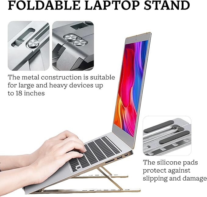 FlexElevate 7-Level Adjustable Laptop Stand, Silver Color, Carbon Steel Ergonomic Riser for Desk, Compatible with 9''-17.3'' Laptops, Portable & Sturdy Holder