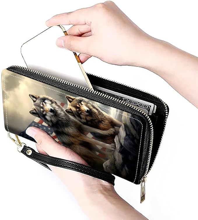 Women's Large Capacity Wallet PU Leather Zip Around Clutch Purse Multifunctional Wallet with Removable Wristlet Strap for Smart Phone/Coin/Card/Cash - American Flag Wolf