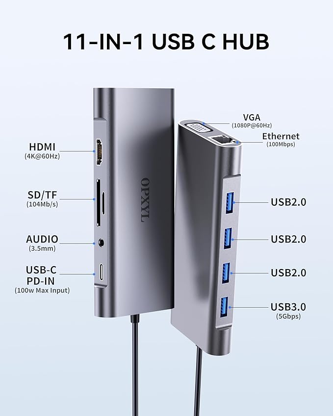 11-in-1 USB C Hub Multiport Adapter, USB C Docking Station with 4K HDMI, VGA 1080P, 100W PD, Ethernet, SD/TF, Audio, USB 3.0 Port, Laptop Dock for MacBook Pro/Air, iPad, Windows