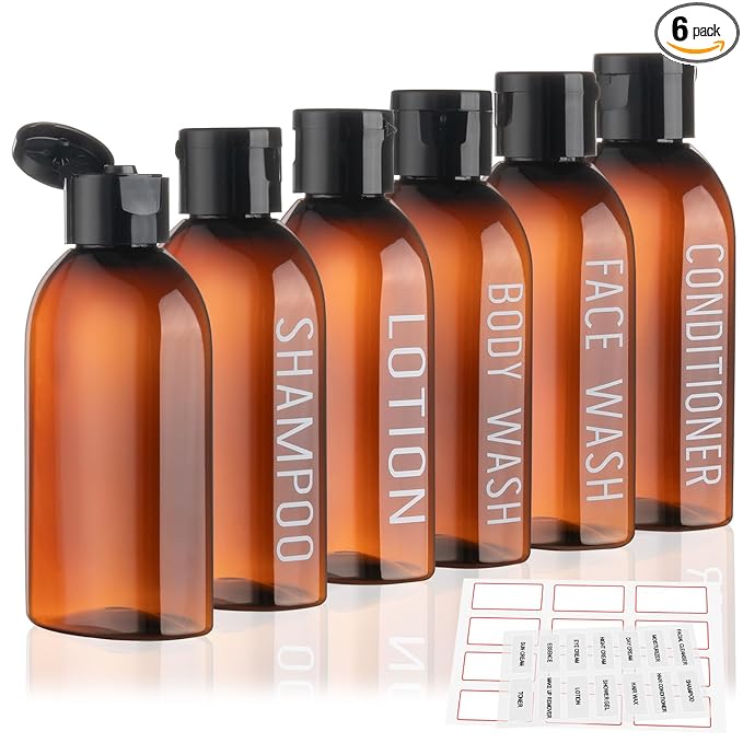 Travel Bottles for Toiletries 6 PCS 3.4oz/100ml Travel Size Containers Plastic Lotion Bottle TSA Approved Leak Proof Squeeze Bottles with Flip Cap for Toiletries, Shampoo & Lotion (Brown)