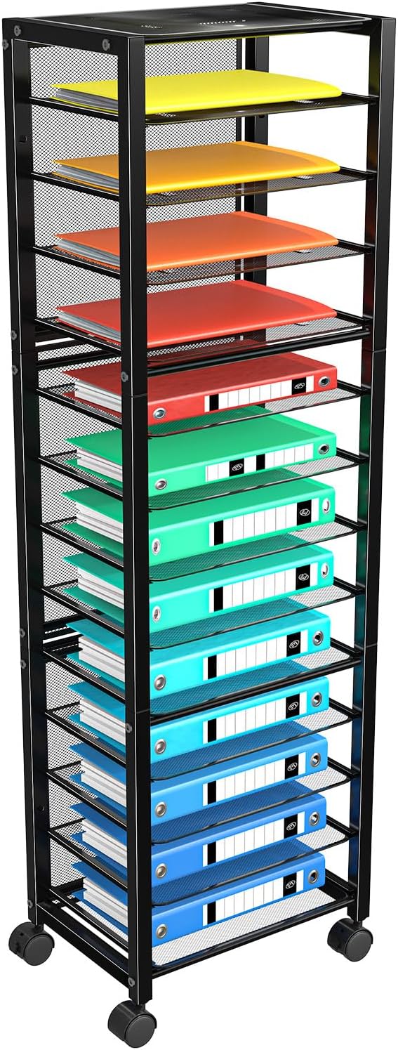 Simple Trending 14 Tier Rolling File Cart, Desk File Organizer, Paper Letter Storage Rolling Clutter Cart for Office, Home, School, Black