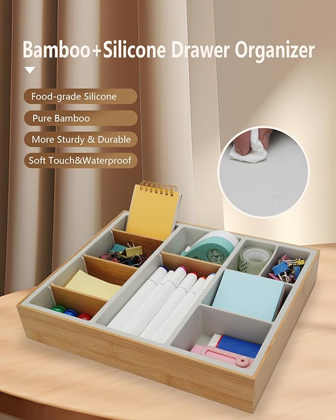Bamboo Desk Drawer Organizer Tray, Silicone Sturdy Junk Drawer Organizer with 10 Adjustable Compartments, Desk Organizers and Accessories with 4 Removable Dividers for Office Home (White)