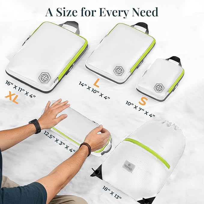 Extra Large Compression Packing Cube 6 Piece Set for Travel and Check Luggage by TRIPPED Travel Gear