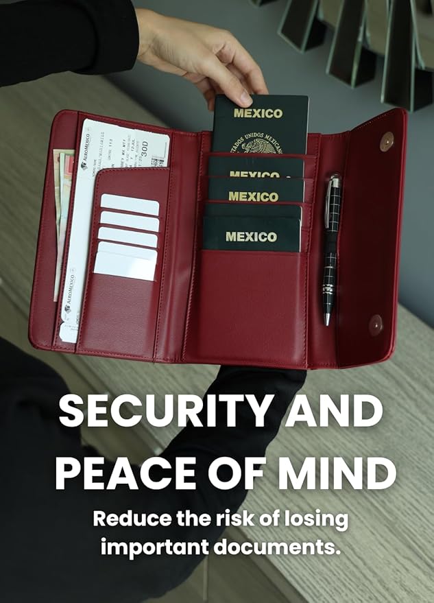 Family Passport Holder – Wallet for 5 Passports, Visas, Tickets, and Money – Passport Holder for Families – Travel Wallet to Store Passports – Travel Document Organizer (Merlot)