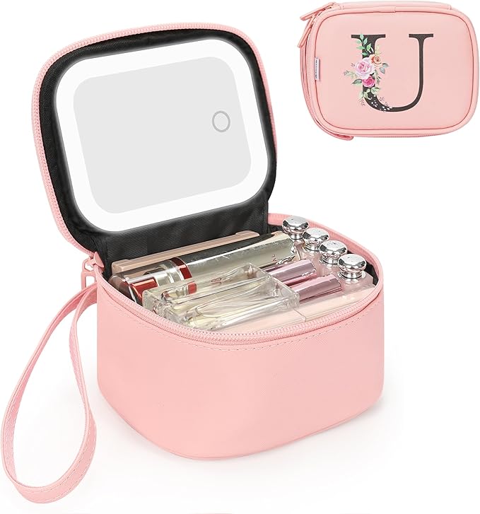 Relavel Mini Makeup Bag with Led Mirror, Initial Make Up Bag for Women, Personalized Travel Cosmetic Pouch with 3 Light Modes, Birthday Gifts for 11 12 13 14 15 16 17 18 Years Old Girl - Pink U