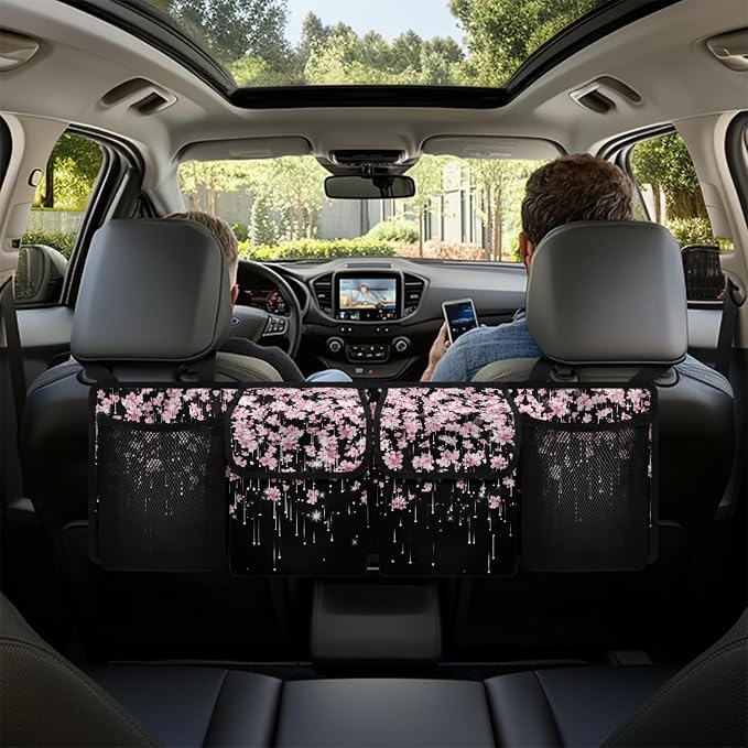 Cherry Blossom Auto Back Seat Trunk Organizer Hanging Car Organizer Trunk Foldable Cargo Storage with 4 Large Pockets 3 Adjustable Straps 37x11.8inch
