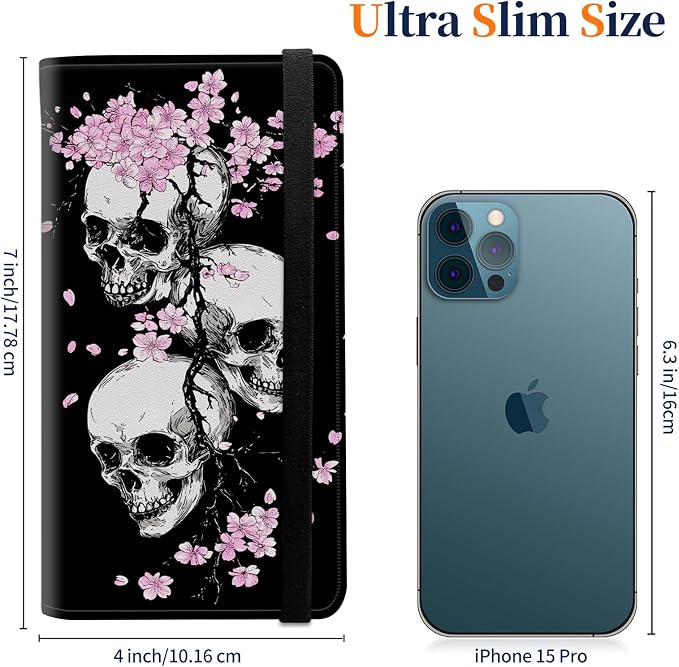 Premium PU Leather Checkbook Cover for Men & Women,RFID Blocking Slim Check Book Holder with Duplicate Check Divider & Pen Holder,Fits Standard Personal Checks,Skull Cherry Blossoms