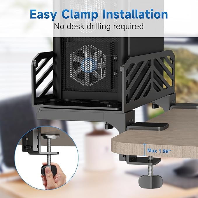Suptek Clamp-on Desk Extender PC Desk Mount Holder,Standard and Large Gaming Computer Case Stand, Adjustable Width PC Mount, Black