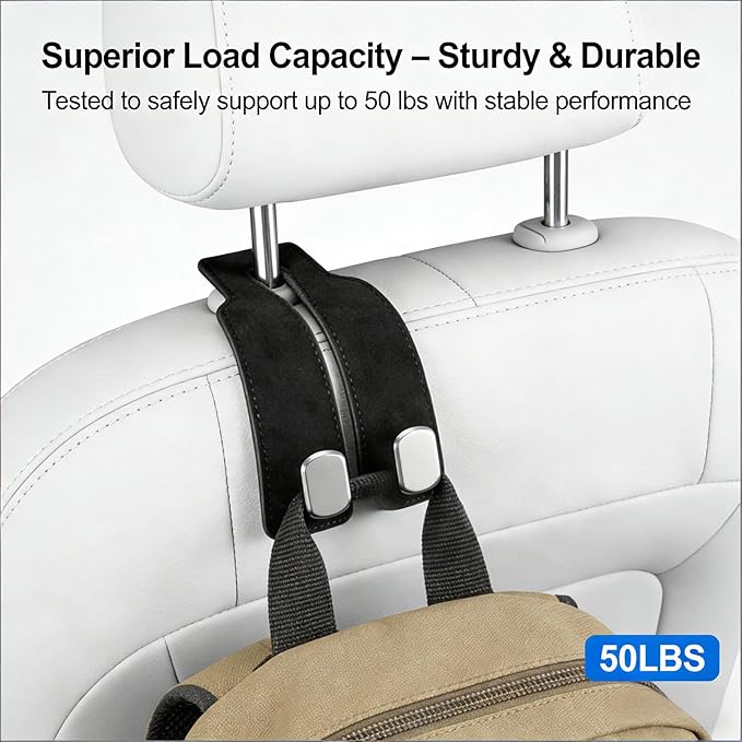 2-Pack Premium Purse Hook for Car, All-Metal Dual Hooks with Thickened Suede Leather - High Load-Bearing, Easy Installation, Universal Car Hooks for Purses and Bags