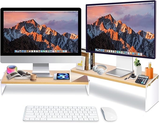 YGYQZ Adjustable Monitor Stand Riser with Acrylic Legs丨7.67" Wide Dual Monitor Stand for Desk丨2-Tier Wood Desktop Organizer for Computer, Laptop, Printer & PC丨Modern Aesthetic Desk Shelf(wood-flat)