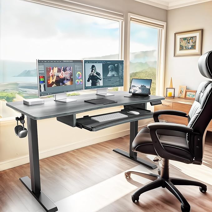 HUANUO Standing Desk Adjustable Height, 55" x 24" Electric Stand Up Desk for Home Office with Large Keyboard Tray(26.7"), 4 Memory Height Setting, Computer Workstation, Grey