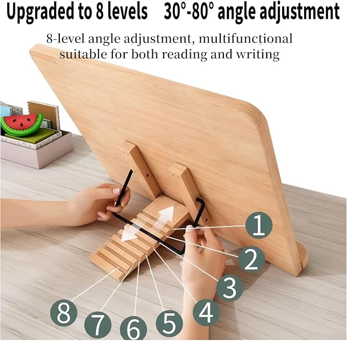 Reading Rack Wooden Bookshelf - Book Stand Foldable with 8 Adjustable Positions and Page Clips,Suitable for cookbooks、iPads、laptops、Sheet Music、and Reading Stands (15x11.4inch)