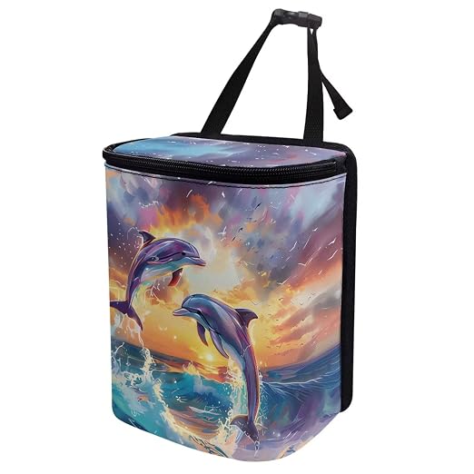 Biyejit Sunset Dolphins Car Trash Can Bin for Back Seat Leak Proof, Cute Trash Bag Hanging for SUV Truck Van, Automotive Vehicle Garbage Cans Front Seat