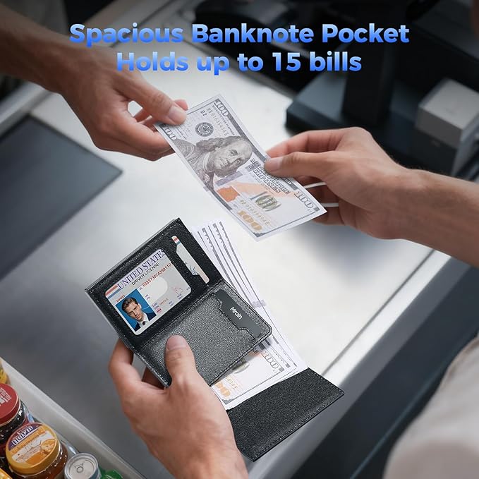 Mens Slim Minimalist Wallet Card Holder with Coin Pocket, Cash Slot, Magnetic Closure, Pop Up Aluminum Case, ID Window, Leather Wallet, RFID Blocking, 9-13 Card Capacity (Black)