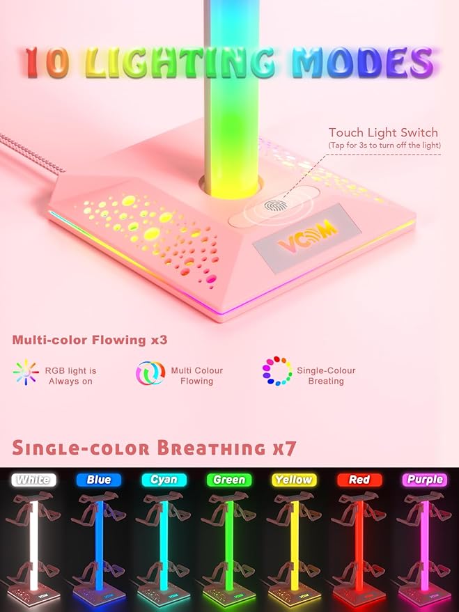 VCOM RGB Gaming Headphones Stand with 2 USB Ports, Pink Headset Stand with 10 Light Modes and Non-Slip Rubber, Suitable for PC Desk Accessories Gamers Gift(Pink)