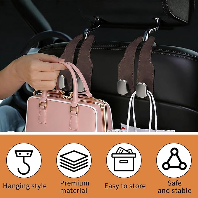 4 Pack Car Seat Headrest Hooks for Purses and Bags, Car Purse Holder With Double Metal Hooks, Headrest Back Seat Handbags Hook, Universal Car Purse Hanger, Cute Car Hanging Accessories, Brown