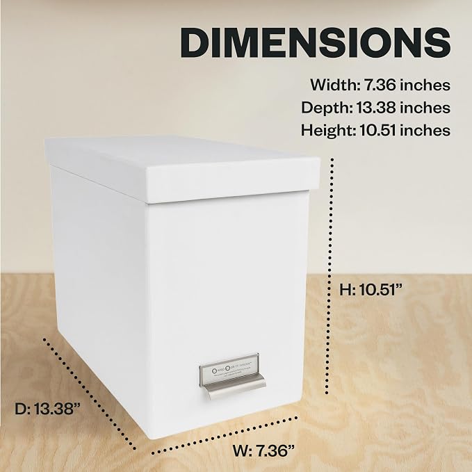 Bigso John Fiberboard Label Frame Desktop File Storage Box - Document Organizer for Important Paperwork - Durable Hanging File Box with a Lid & Metal Label Window - 7.36 x 13.38 x 10.51 in - White
