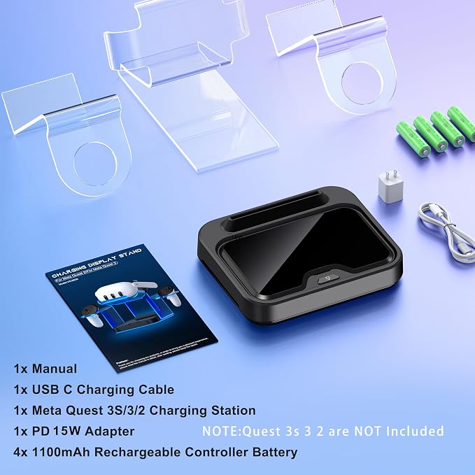 Charging Dock Station for Quest 3 / 3S / 2 with 4 Rechargeable Controller Batteries Charging Station for Meta 3 / 3s VR Headset Stand Accessories USB C Cable (S-Charging Dock)