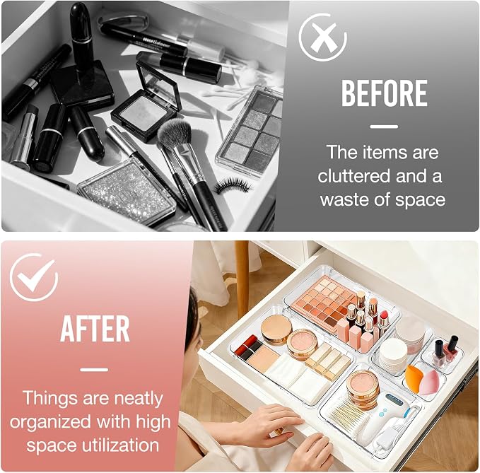 IAMGlobal 14PCS Expandable Drawer Organizer, Clear Drawer Organizers | Acrylic, Transparent, 3-Size, Adjustable, Expanding, for Makeup, Storage, Vanity, Bathroom, Bedroom, Kitchen, Office