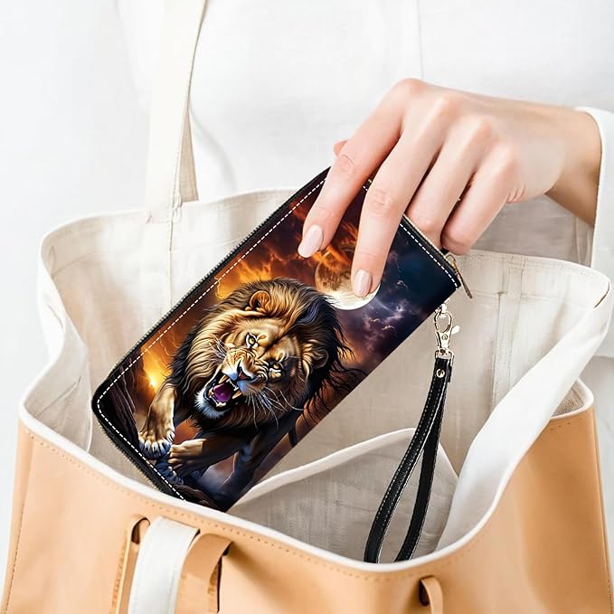 Lion Under The Moon Print Women Large Capacity PU Leather Zip Around Wallet, Multifunctional Clutch Purse for Cash/Card/Coin/Smart Phone