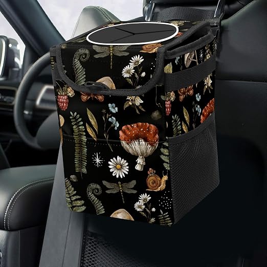 Vintage Botanical Mushrooms Trash Can with Lid - Collapsible Reusable Waterproof Garage Bag, Automotive Garbage Can, Car Accessories Interior Organizer