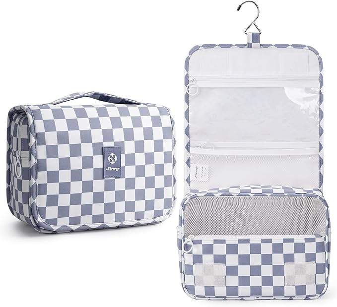 Narwey Small Hanging Travel Toiletry Bag for Traveling Women, Checkered Travel Bag for Toiletries, Makeup Bag Organizer Make Up Cosmetic Bags, Gifts for Kids Teen Girls (Grayish Blue Checkerboard)