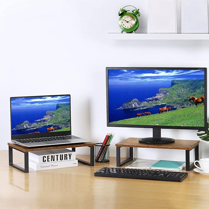 Monitor Stand Riser 2 Pack Laptop Stand Riser Holder Wood Computer Stands Vintage Tabletop Storage Organizer Shelf for Notebook PC Printer Lift Stands TV Risers Wooden Desk Organizers Brown (Brown)