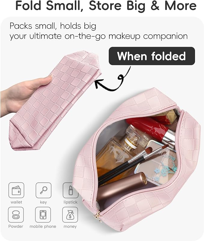 Checkered Makeup Bag for Purse - Cute PU Leather Travel Cosmetic Pouch for Women, Portable Flat Toiletry Organizer with Gold Zipper(pink)