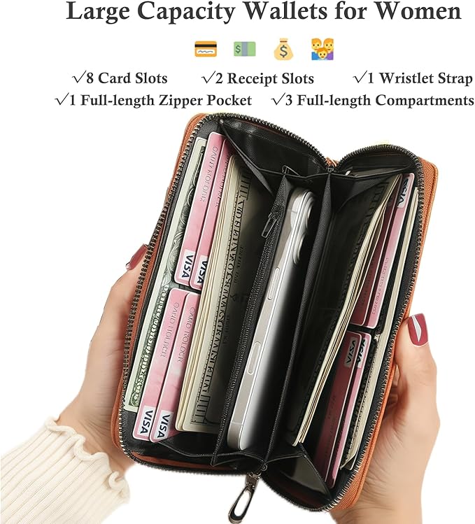 Women's Zip Wristlet Wallet - Large Capacity RFID Blocking Clutch Purse Quilted Soft Vegan Leather Travel Organizer