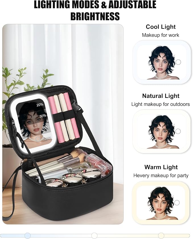 Relavel Small Makeup Bag with Led Mirror, Travel Cosmetic Case with 3 Light Modes and Adjustable Brightness, Foldable Makeup Pouch with Toiletries for Daily Use丨Work Touch-Ups丨Camping - Black