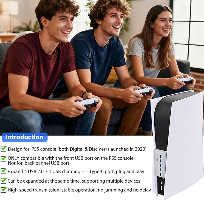 Megadream 6 Port USB Hub for PS5 Accessories, High-Speed Expansion Hub Charger Splitter Adapter with 4 USB-A 2.0 + 1 Charging + 1 Type C Port, Compatible with PlayStation 5 Console Front Jacks, White