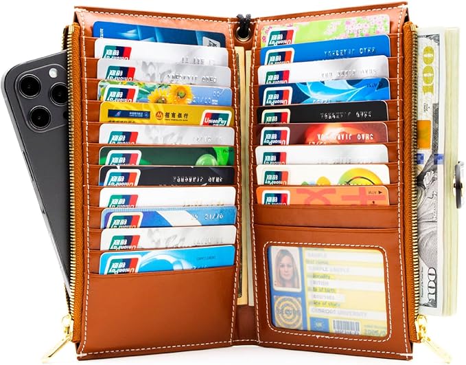 ANDOILT Women's Genuine Leather Wallet RFID Blocking Credit Card Holder Zipper Purse Cell Phone Handbag