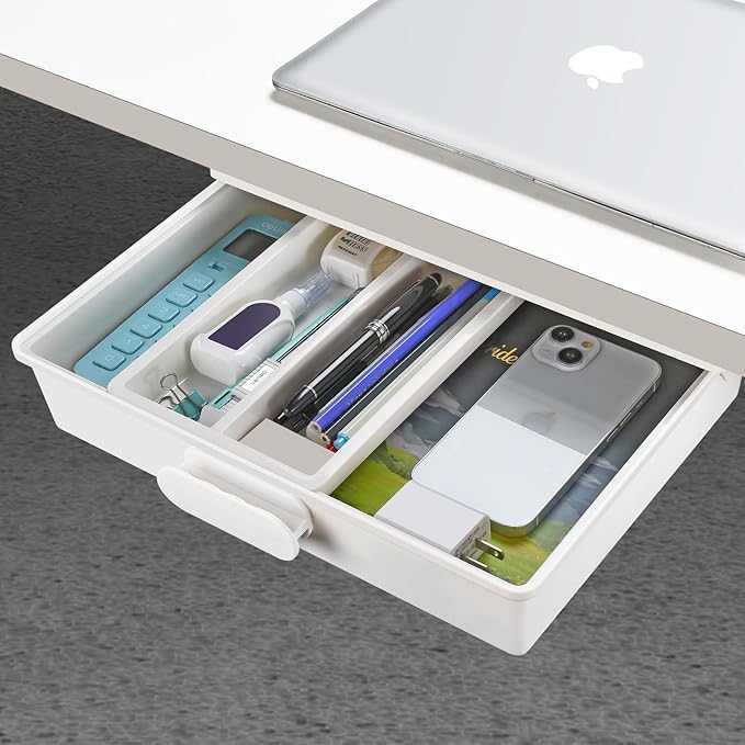 Under Desk Drawer Organizer, Self-Adhesive Storage, Office & Home Stationery (Large-White)