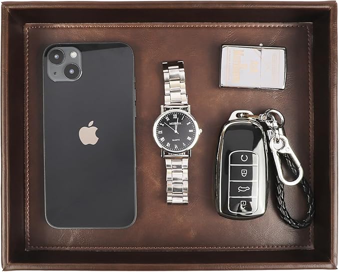 Leather Decorative Vanity Tray, Desktop Storage Organizer, Catchall Tray, Valet Tray, Nightstand or Dresser Organizer Tray for Men Change,Key,Phone,Glasses (Brown)
