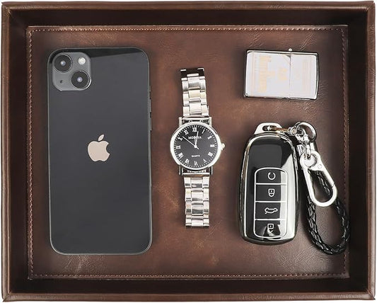 Leather Decorative Vanity Tray, Desktop Storage Organizer, Catchall Tray, Valet Tray, Nightstand or Dresser Organizer Tray for Men Change,Key,Phone,Glasses (Brown)